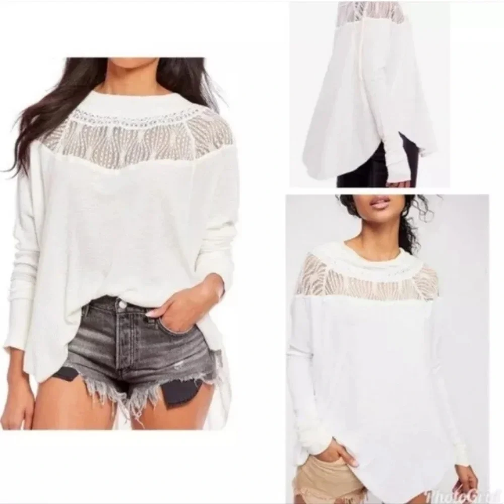 Free People White Spring Valley Lace Insert Waffle Knit Long Sleeve Size Medium
